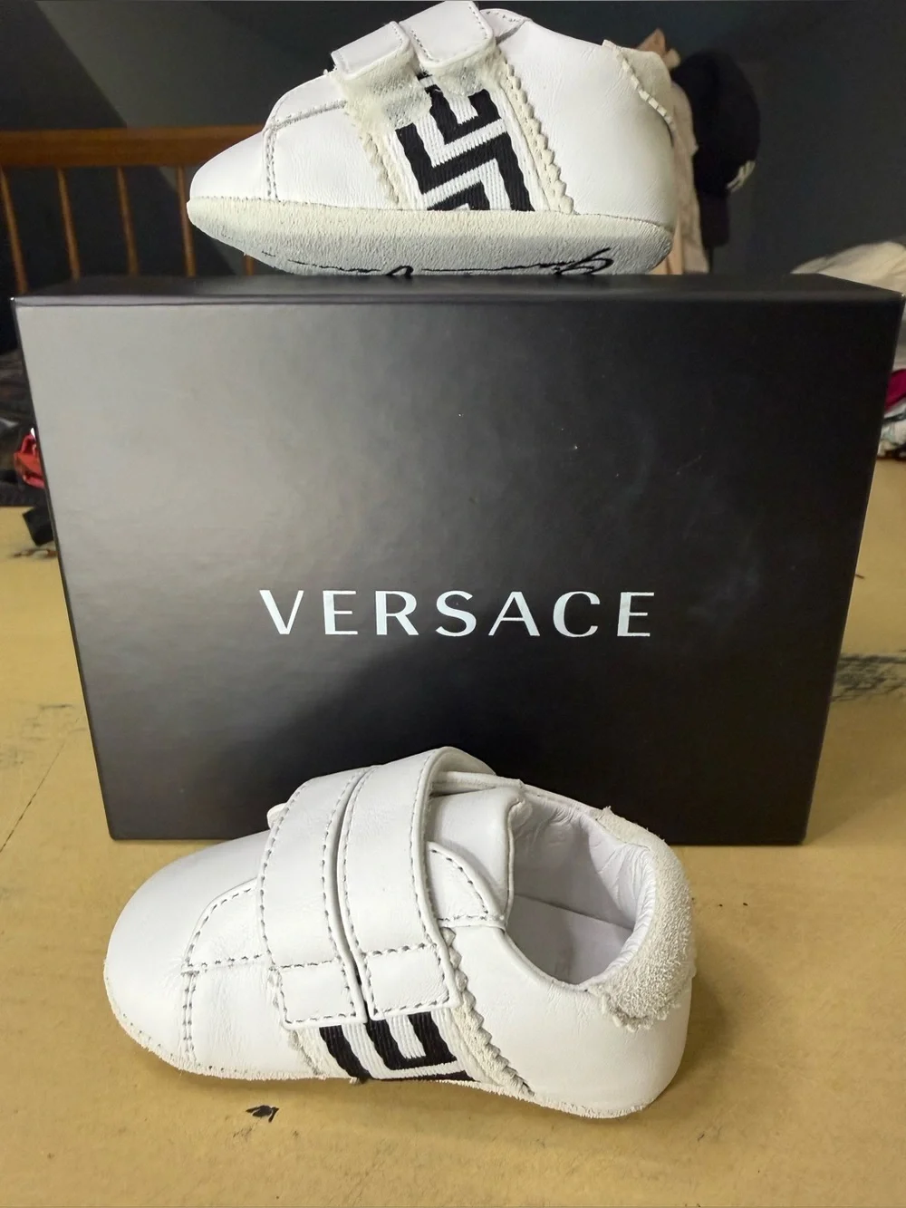Versace Kids White Leather Velcro Sneakers